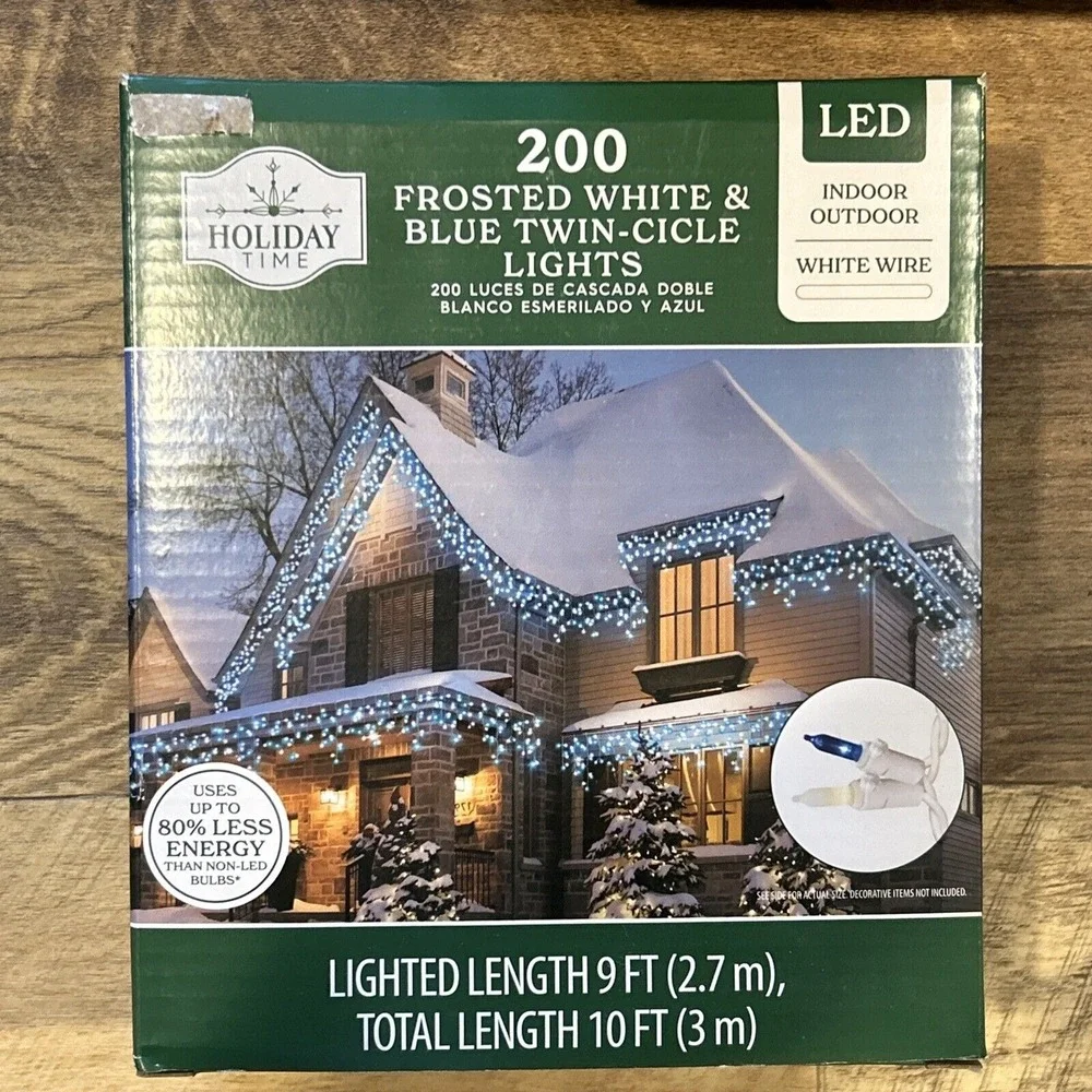 Holiday Time 200 Ct Frosted White Blue Twin-Cicle‎ Lights White Wire 9 Ft New